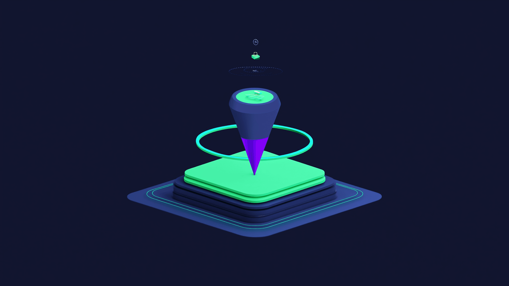 An elegant 3D diagram of a glowing map-pin portal with small service icons orbiting it: search, an AI spark, a wallet, and a stake.