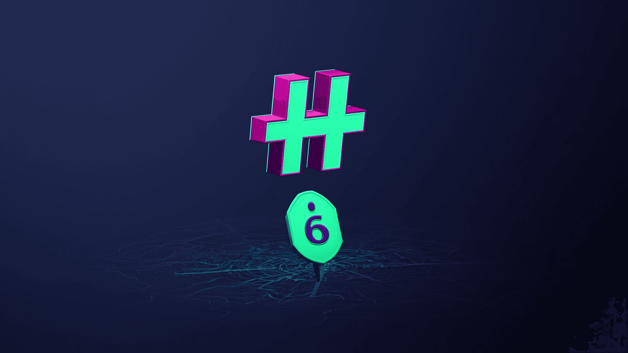 A luminous hashtag symbol descending onto a glowing price-tag token of light, a spatial map faintly below.