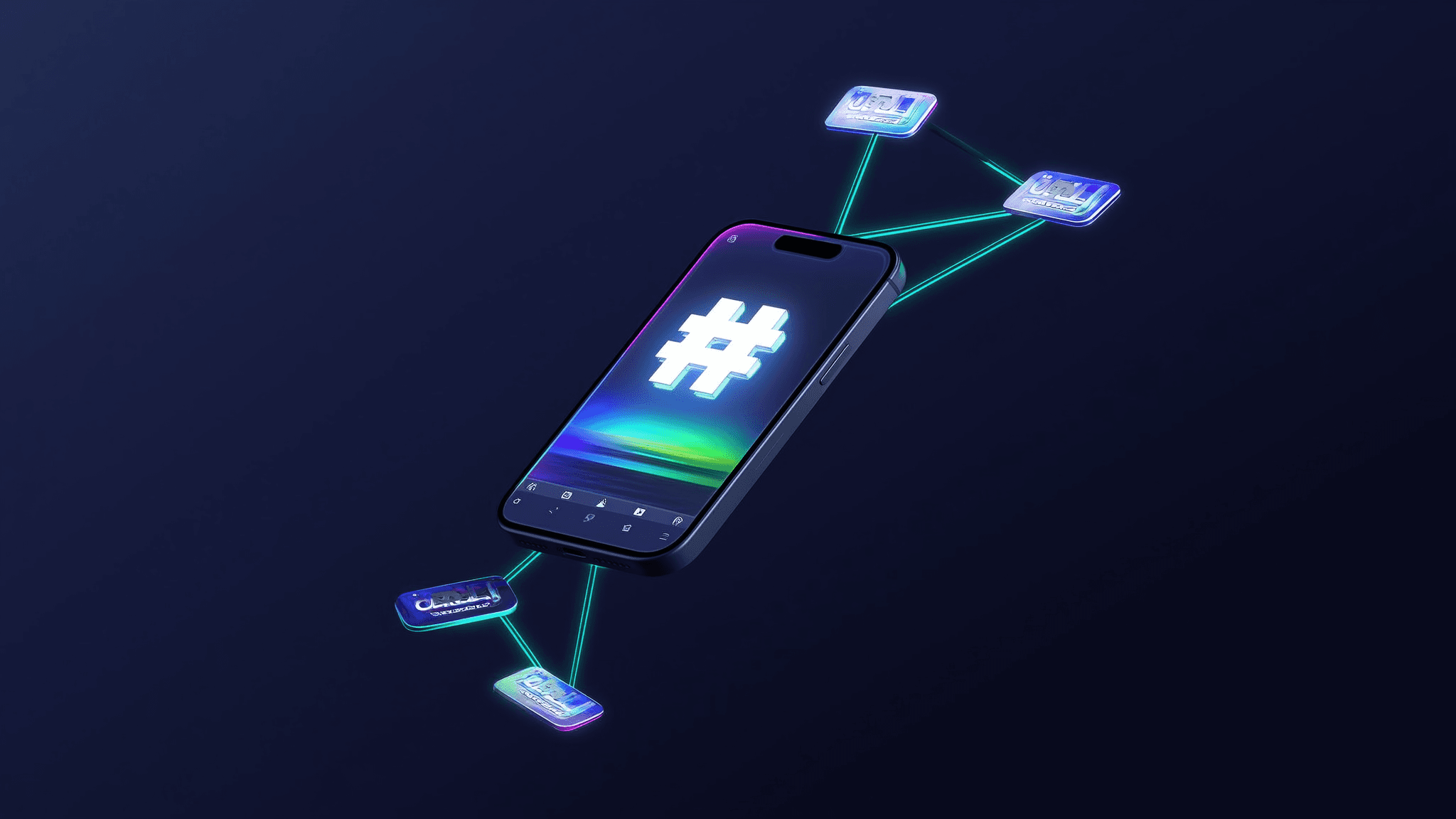 A floating phone showing a social post with a bright glowing hashtag, light trails connecting it to other posts.
